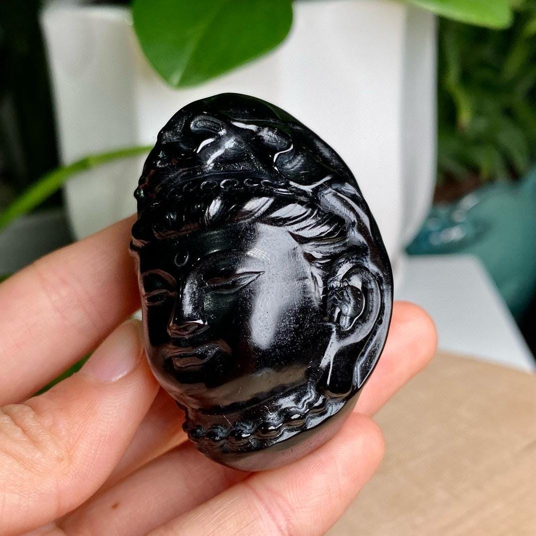Natural Black Obsidian Carving, Crystal Buddha, Avalokitesvara, Obsidian Monk, Mini Statue, Lovely Crystal Statue, Birthday Gift, Home Decor