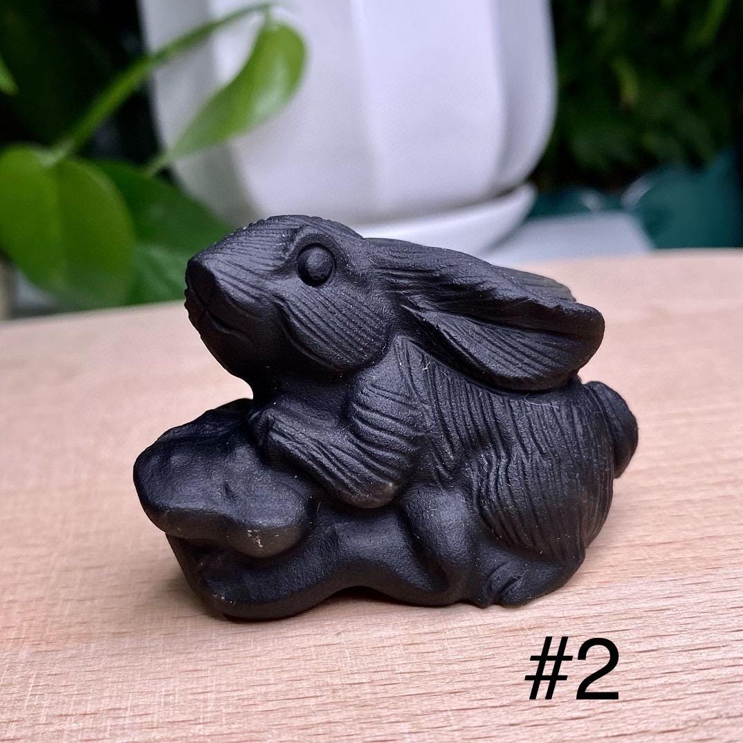 Black Obsidian Rabbit Carving, Crystal Animal Sculpture,Gift for Mom