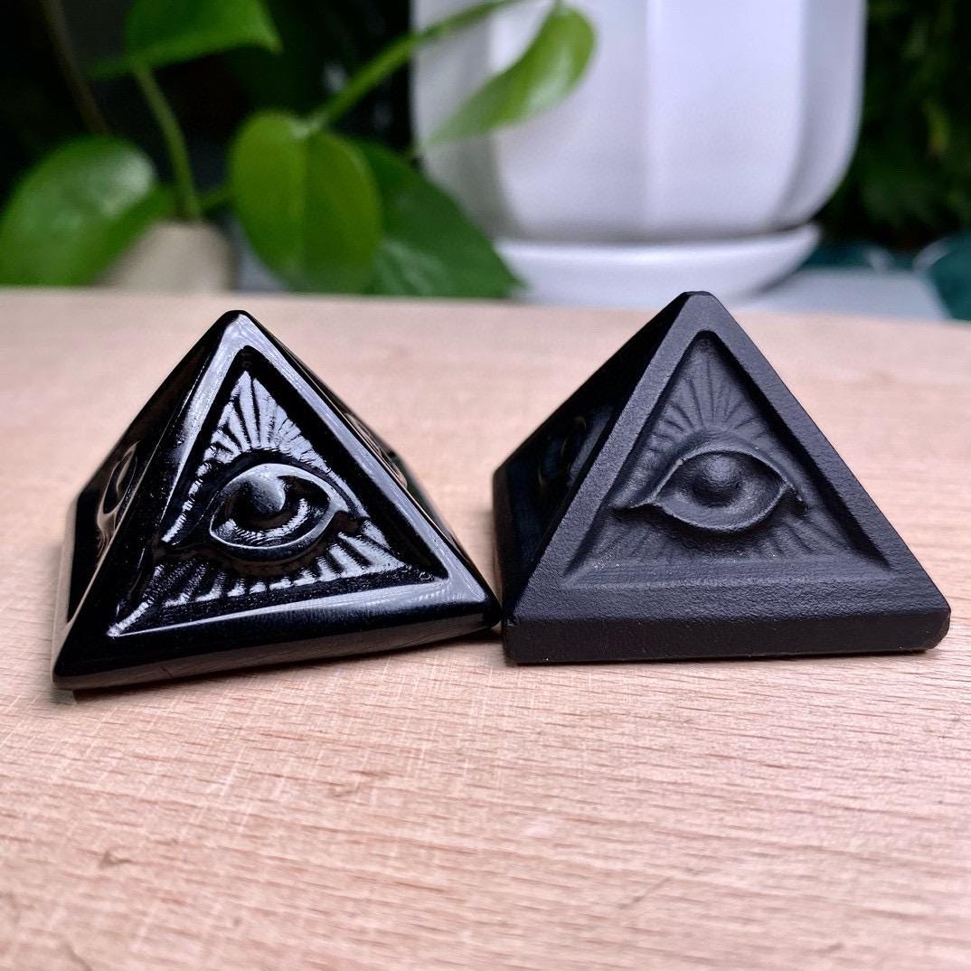 Black Obsidian Pyramid with Eye of Horus & Raven, Hand Carved Gothic Altar Decor, Spiritual Protection Stone, Ancient Egyptian Style Gift