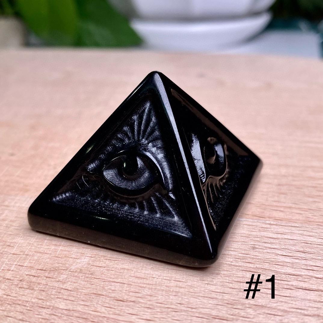 Black Obsidian Pyramid with Eye of Horus & Raven, Hand Carved Gothic Altar Decor, Spiritual Protection Stone, Ancient Egyptian Style Gift