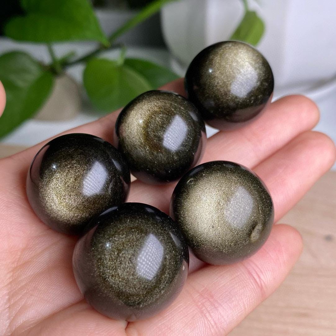 Natural Golden Sheen Obsidian Sphere, Crystal Ball for Home Decor, Polished Gold Obsidian Stone, Meditation Gift