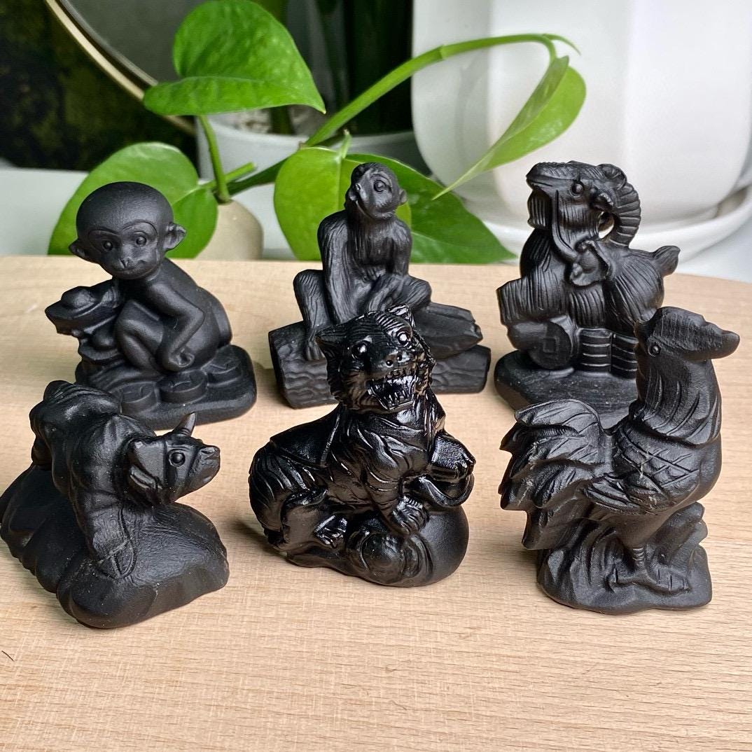 Natural Black Obsidian Animal Carving, Zodiac Ornaments, Crystal Chicken, Tiger, Monkey, Bull, Animal Sculpture, Birthday Gift, Home Decor