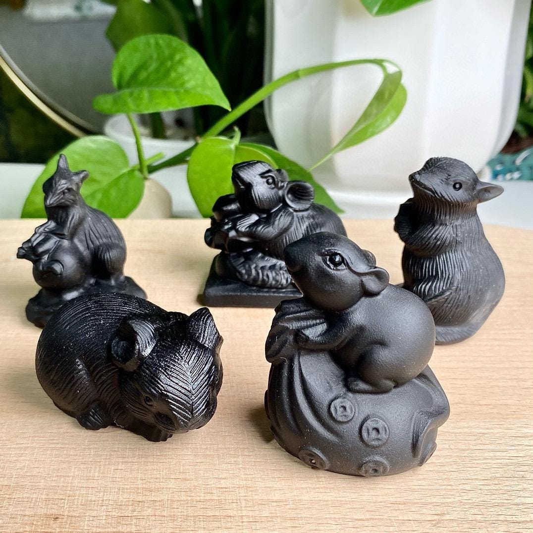 Natural Black Obsidian Animal Carving, Lucky Rat, Little Money Mouse Ornaments, Animal Sculpture, Birthday Gift, Fengshui Home Decor