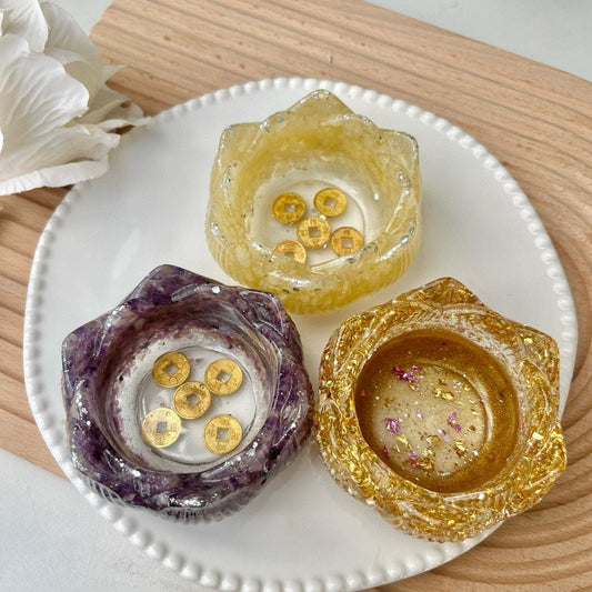 Crystal Chips Cornucopia With Resin, Natural Crystal Chips Craft, Handmade Crystal Lotus Bowl, Healing Crystal Craft For Gifts