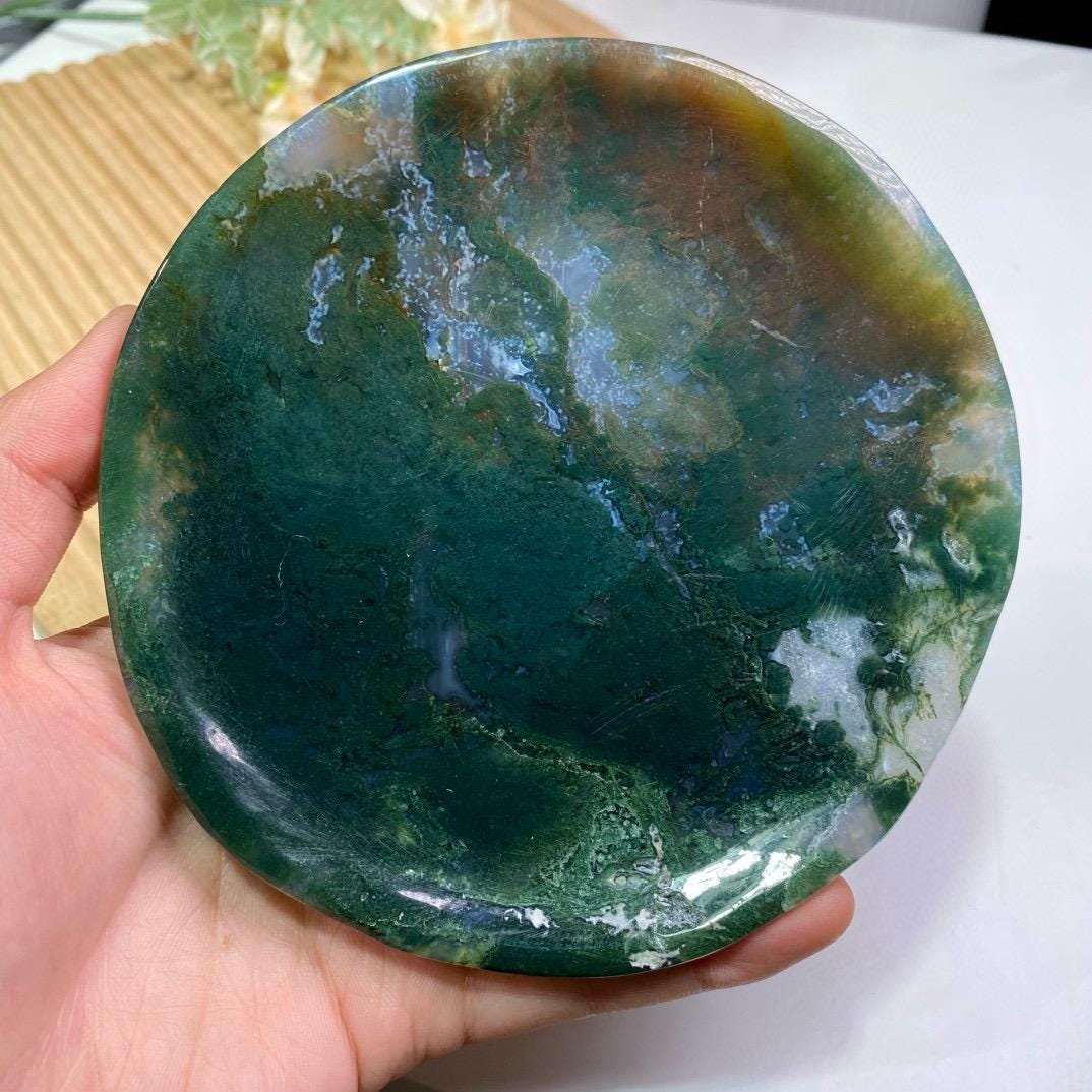 Natural Handmade Crystal Moss Agate Plate, Crystal Bowl Decoration, Moss Agate Bowl, Crystal Plate, Energy Healing Crystal, Anniversary Gift