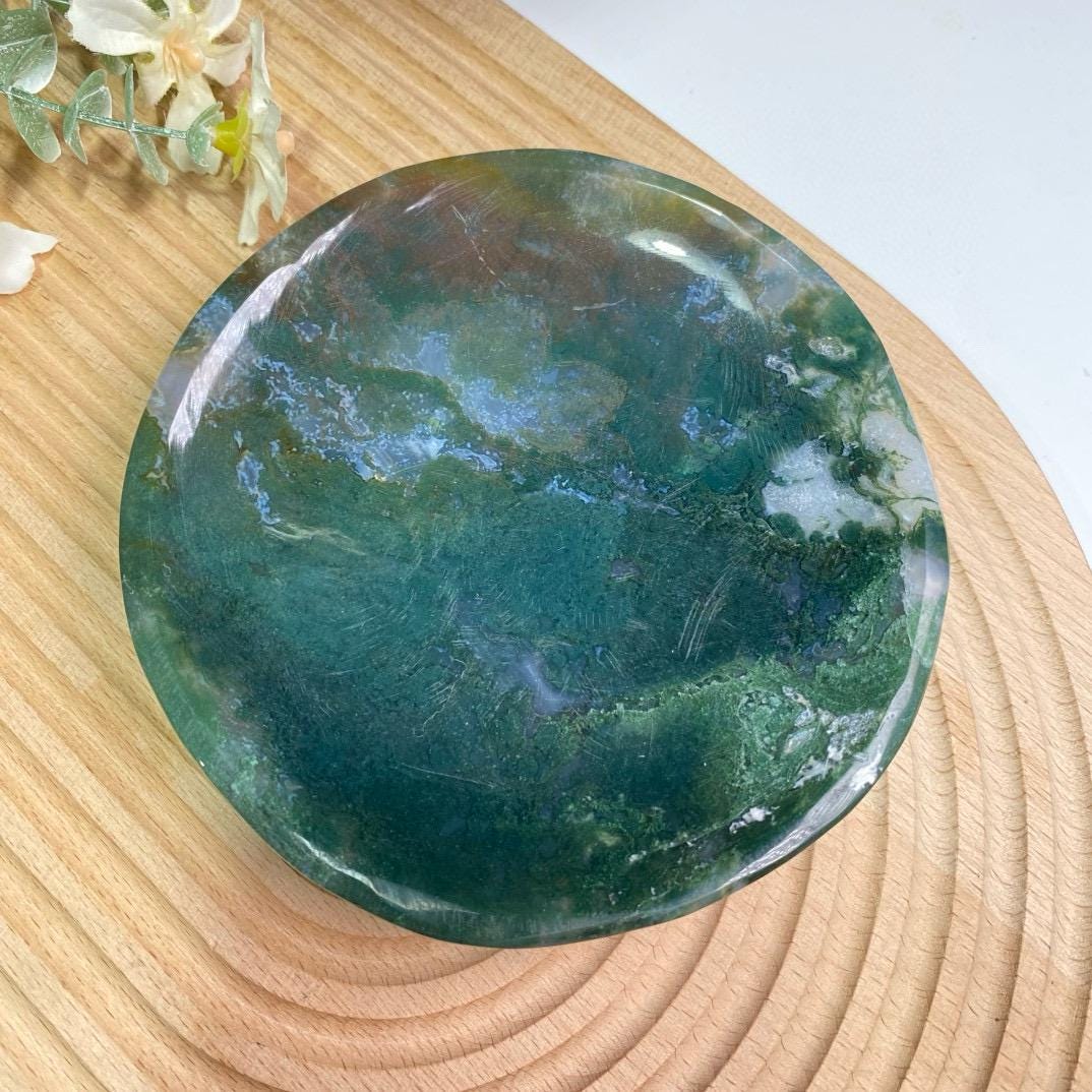 Natural Handmade Crystal Moss Agate Plate, Crystal Bowl Decoration, Moss Agate Bowl, Crystal Plate, Energy Healing Crystal, Anniversary Gift