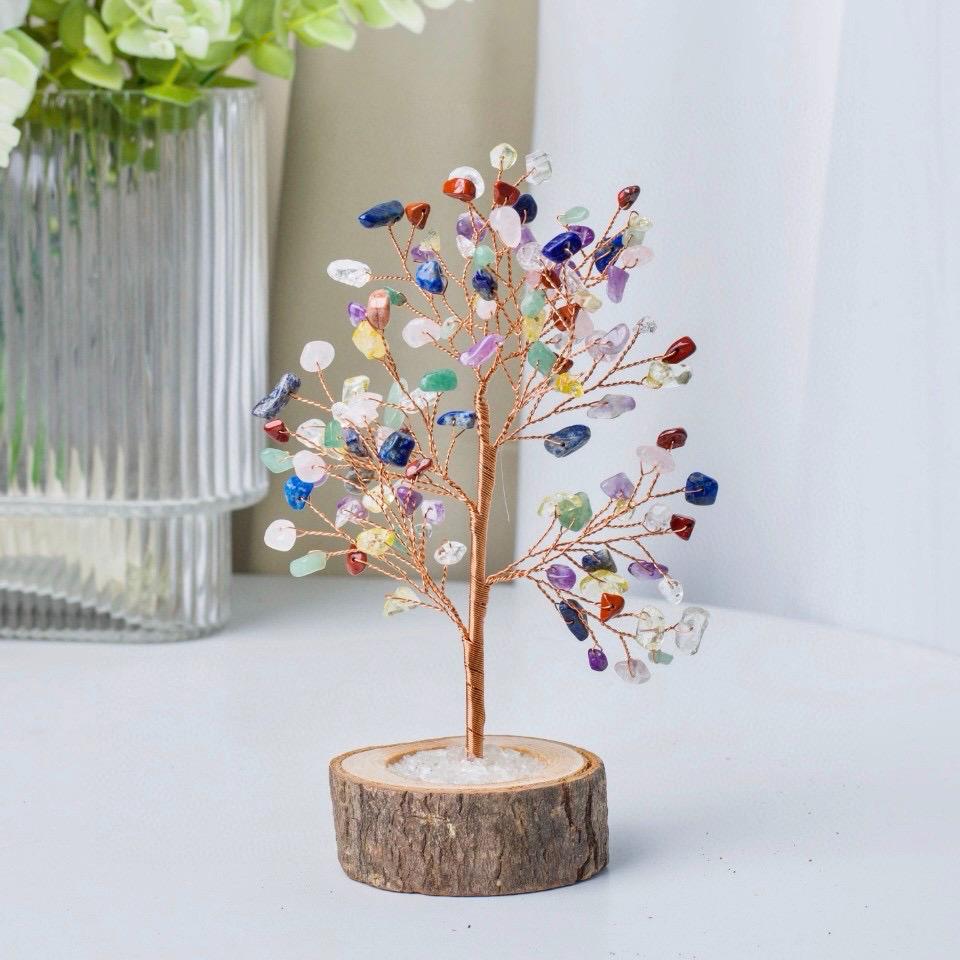 Handcraft Crystal Chips Fengshui Lucky Tree, Natural Gemstone Chips Decor, Healing Crystal Tree With Natural Wood Base, Home Decor