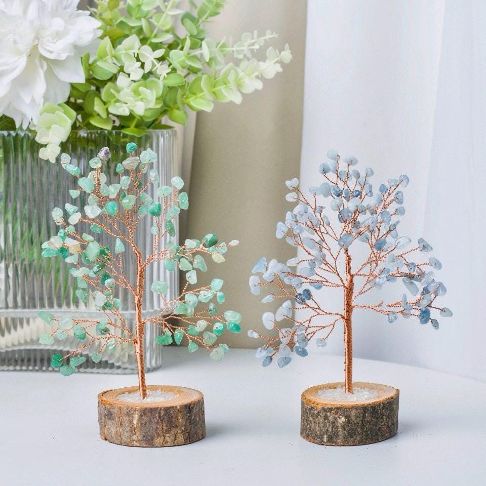 Handcraft Crystal Chips Fengshui Lucky Tree, Natural Gemstone Chips Decor, Healing Crystal Tree With Natural Wood Base, Home Decor