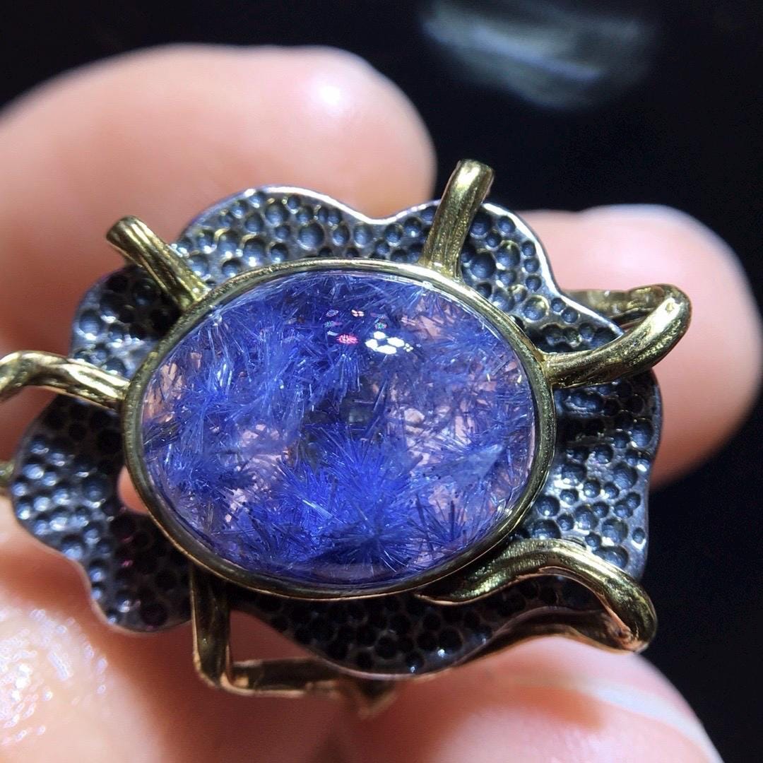 Natural Blue Dumortierite Quartz Ring, Blue Rutilated Ring, 925 Sterling Silver Ring, Adjustable Ring, Relieve Depression, Healing Crystal