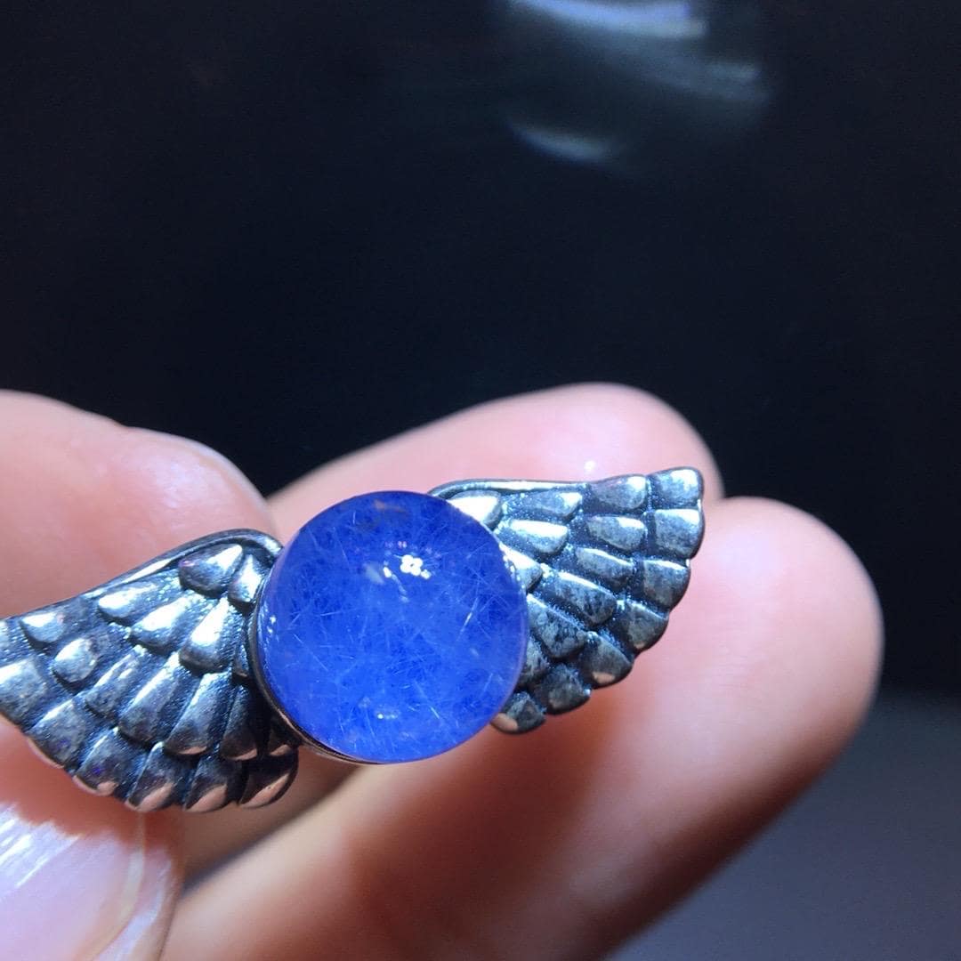 Natural Blue Dumortierite Quartz Ring, Blue Rutilated Ring, 925 Sterling Silver Wings Ring, Adjustable Ring, Healing Crystal, Birthday Gift