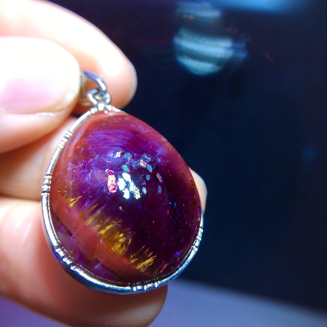 Natural Canada Auralite 23 Polished Teardrop-shaped Pendant, Healing Gemstone, Cacoxenite Crystal, 925 Sterling Silver, Birthday Gift