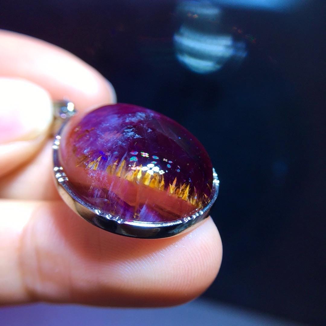 Natural Canada Auralite 23 Polished Teardrop-shaped Pendant, Healing Gemstone, Cacoxenite Crystal, 925 Sterling Silver, Birthday Gift