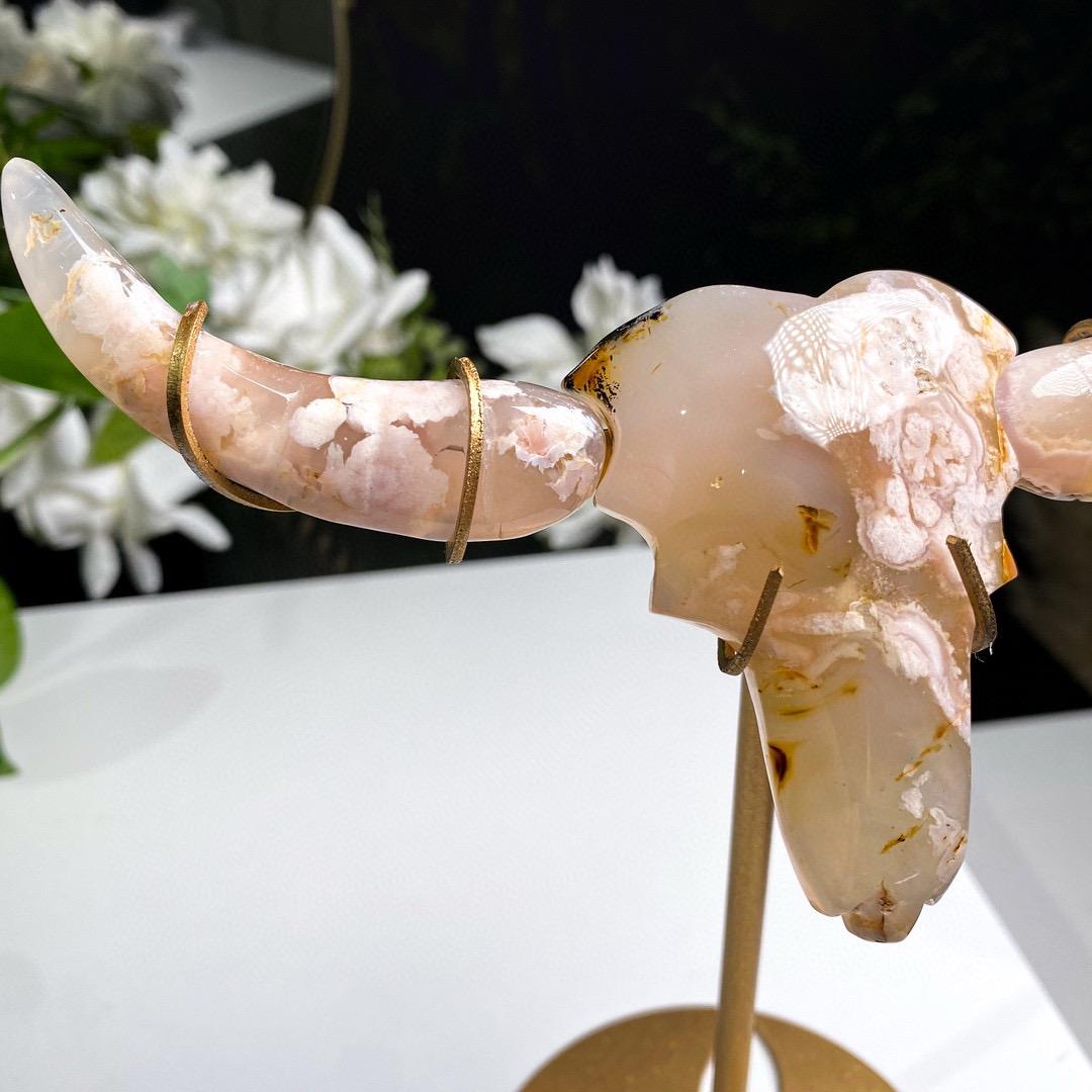 Flower Agate Buffalo Head Statue on Stand, Handcarved Crystal OX Head, Reiki Healing Decor,Gift for Mom