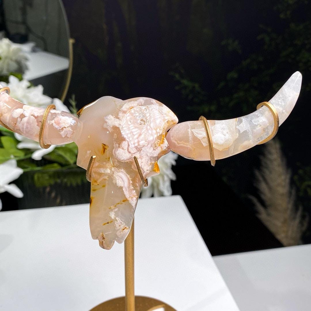 Flower Agate Buffalo Head Statue on Stand, Handcarved Crystal OX Head, Reiki Healing Decor,Gift for Mom