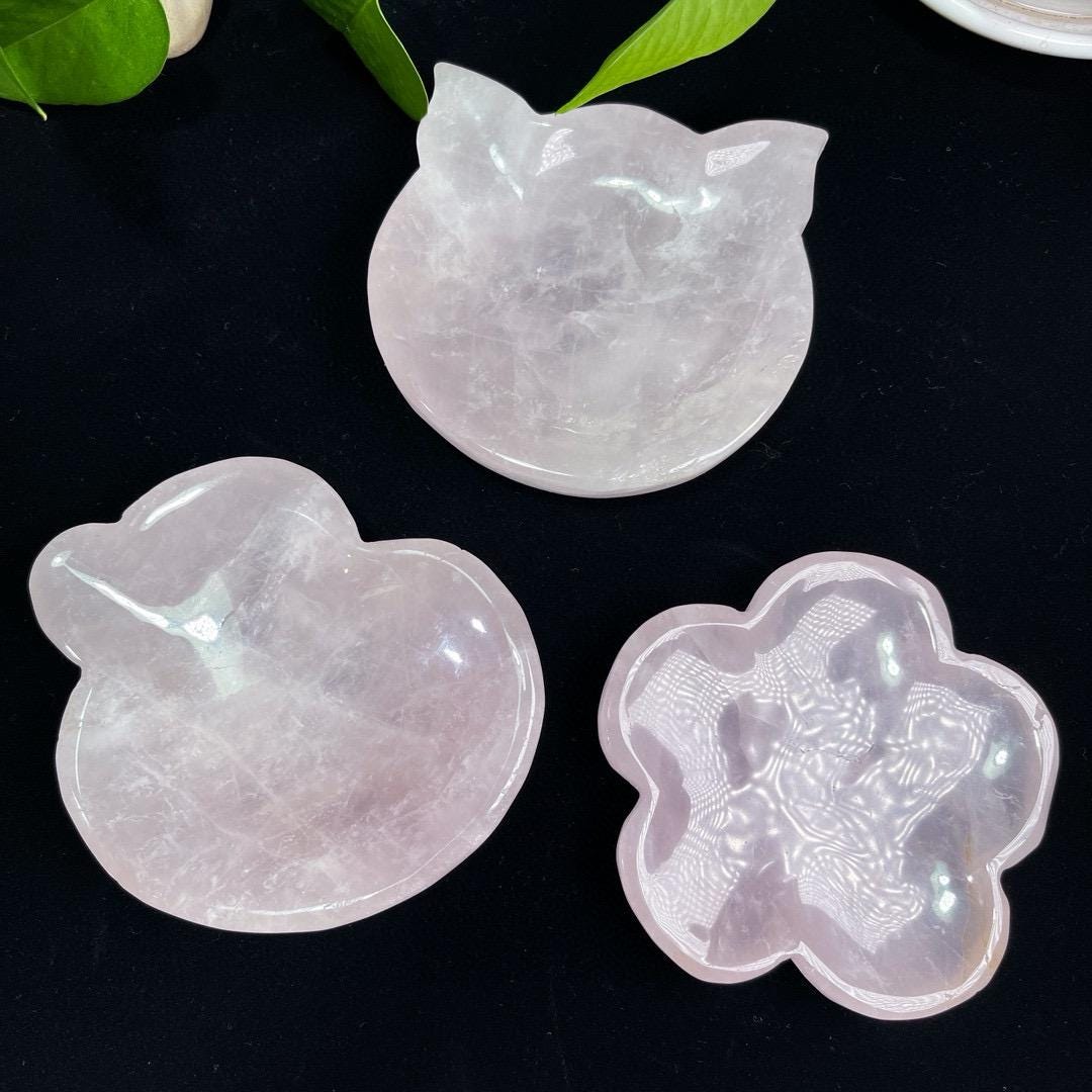 Natural Handmade Rose Quartz Cat Bowl, Gemstone Trinket Dish, Crystal Bowls, Flower Bowl,  Duck Bowl, Energy Healing Crystal, Birthday Gift