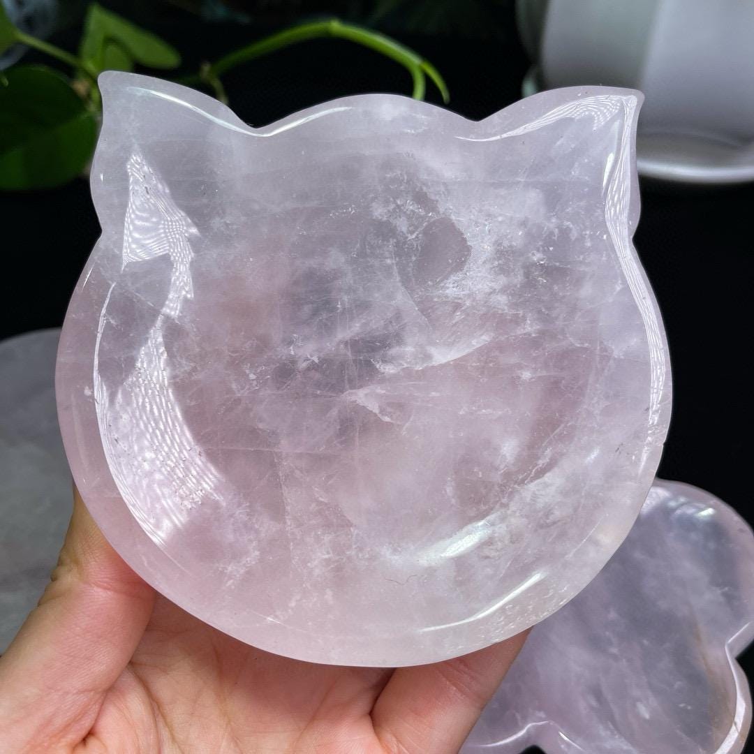 Natural Handmade Rose Quartz Cat Bowl, Gemstone Trinket Dish, Crystal Bowls, Flower Bowl,  Duck Bowl, Energy Healing Crystal, Birthday Gift