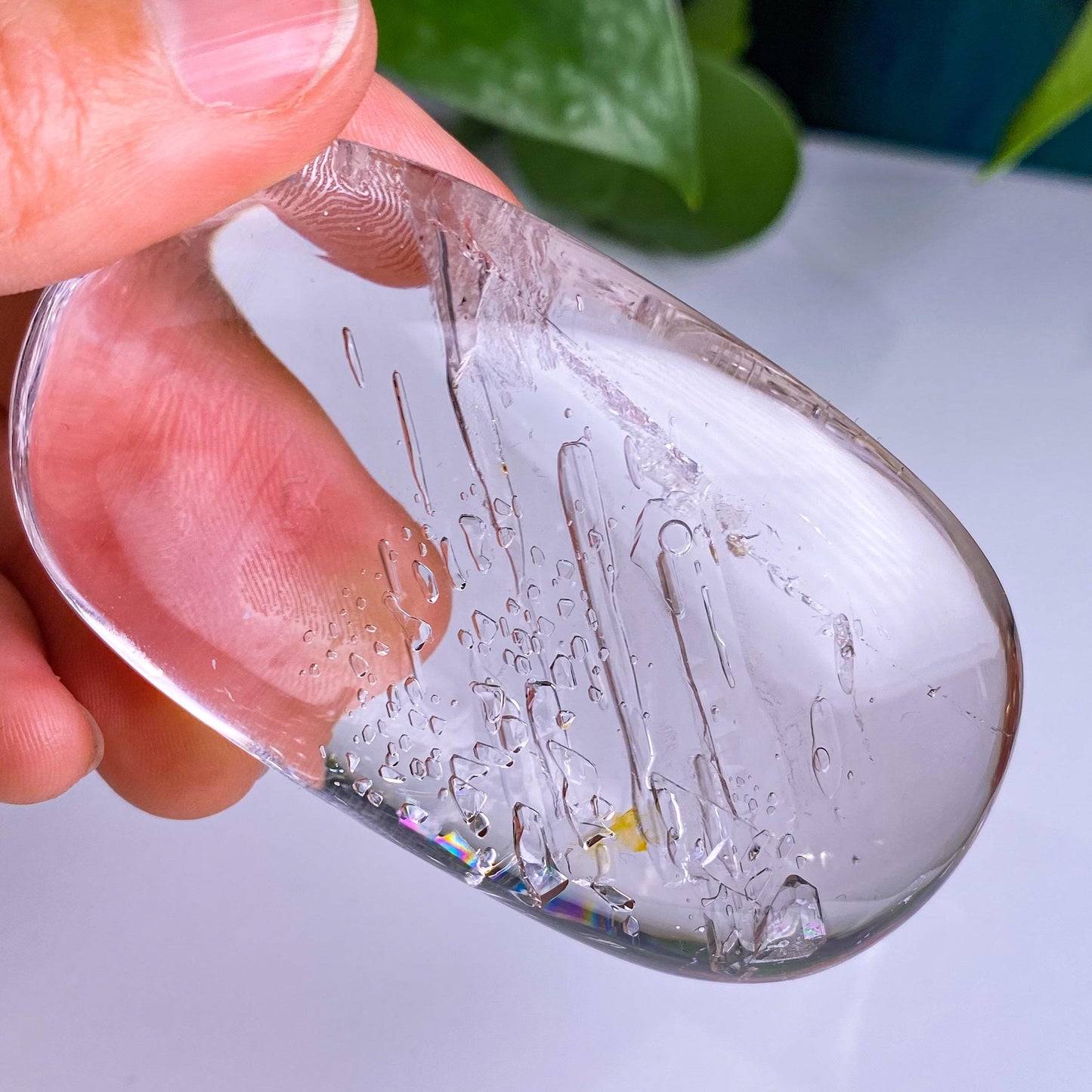 Light Purple Water Bubbles in Enhydro Quartz Freefrom,Parallel Grown Negative Crystals In Quartz Palm,Crystal Cabochon,Reiki Healing Crystal
