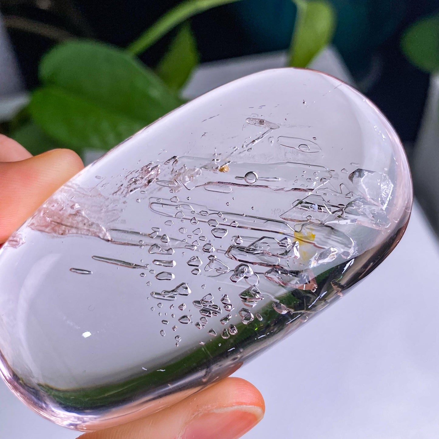 Light Purple Water Bubbles in Enhydro Quartz Freefrom,Parallel Grown Negative Crystals In Quartz Palm,Crystal Cabochon,Reiki Healing Crystal