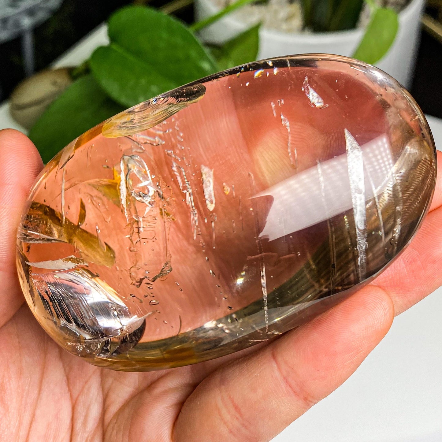 Natrual Champagne Smoky Big Bubbles in Enhydro Quartz, Parallel Grown Negative Crystals In Quartz Palm, Crystal Cabochon, Reiki Healing