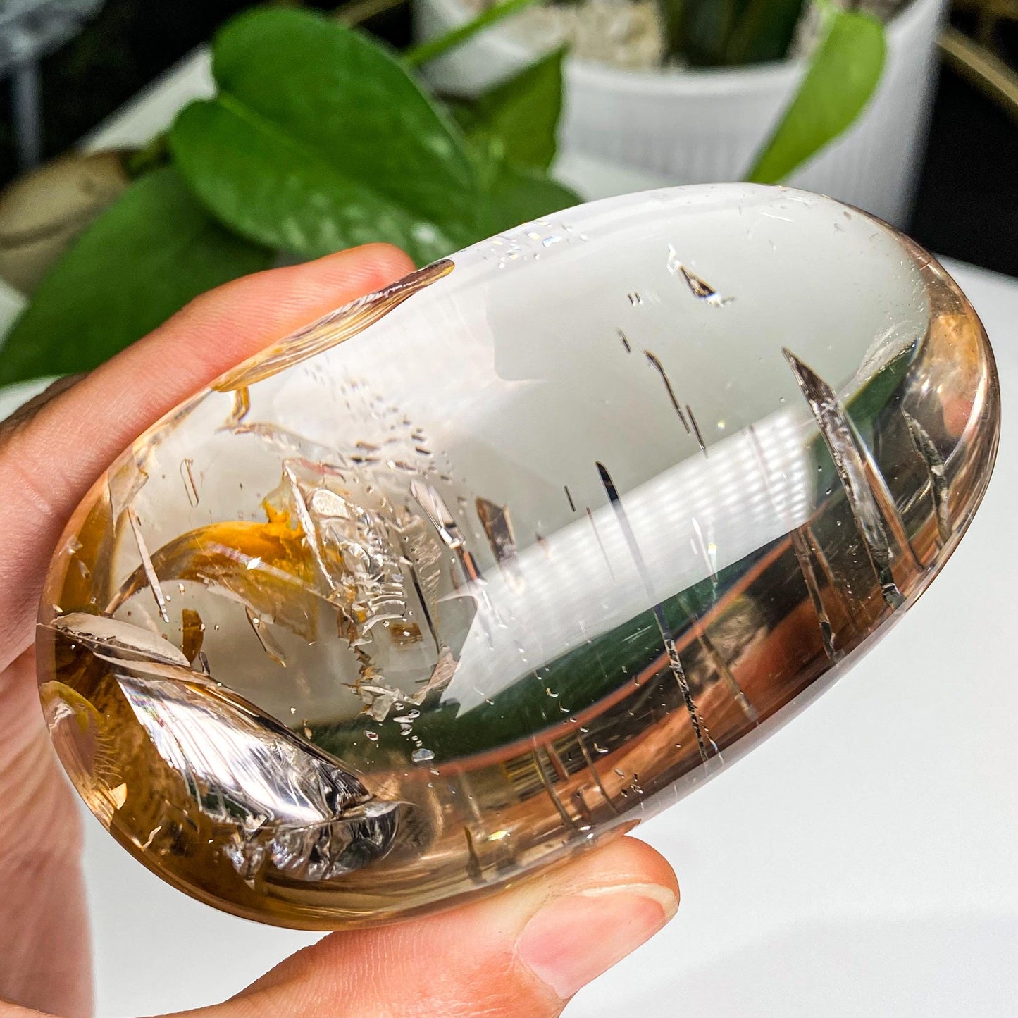 Natrual Champagne Smoky Big Bubbles in Enhydro Quartz, Parallel Grown Negative Crystals In Quartz Palm, Crystal Cabochon, Reiki Healing