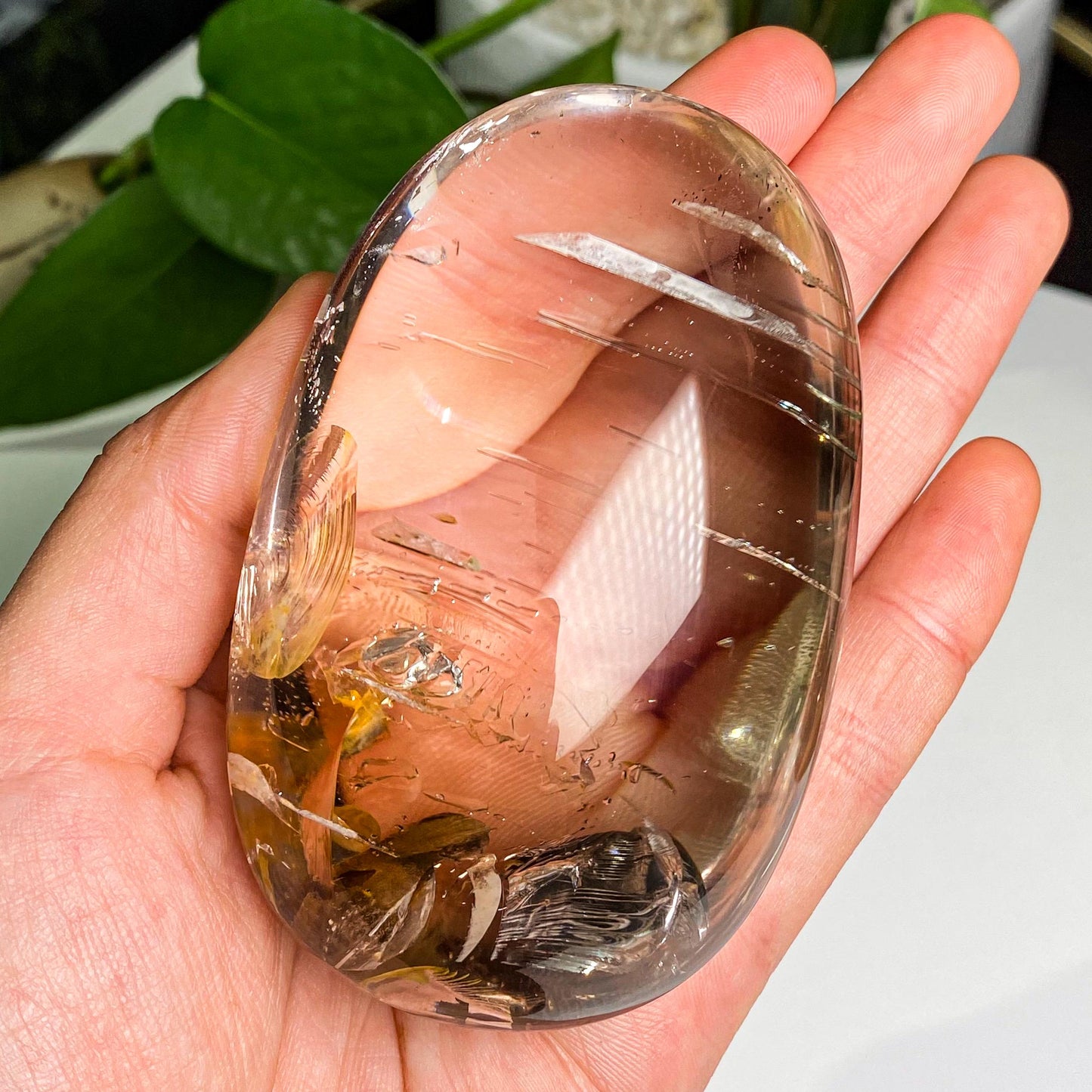 Natrual Champagne Smoky Big Bubbles in Enhydro Quartz, Parallel Grown Negative Crystals In Quartz Palm, Crystal Cabochon, Reiki Healing