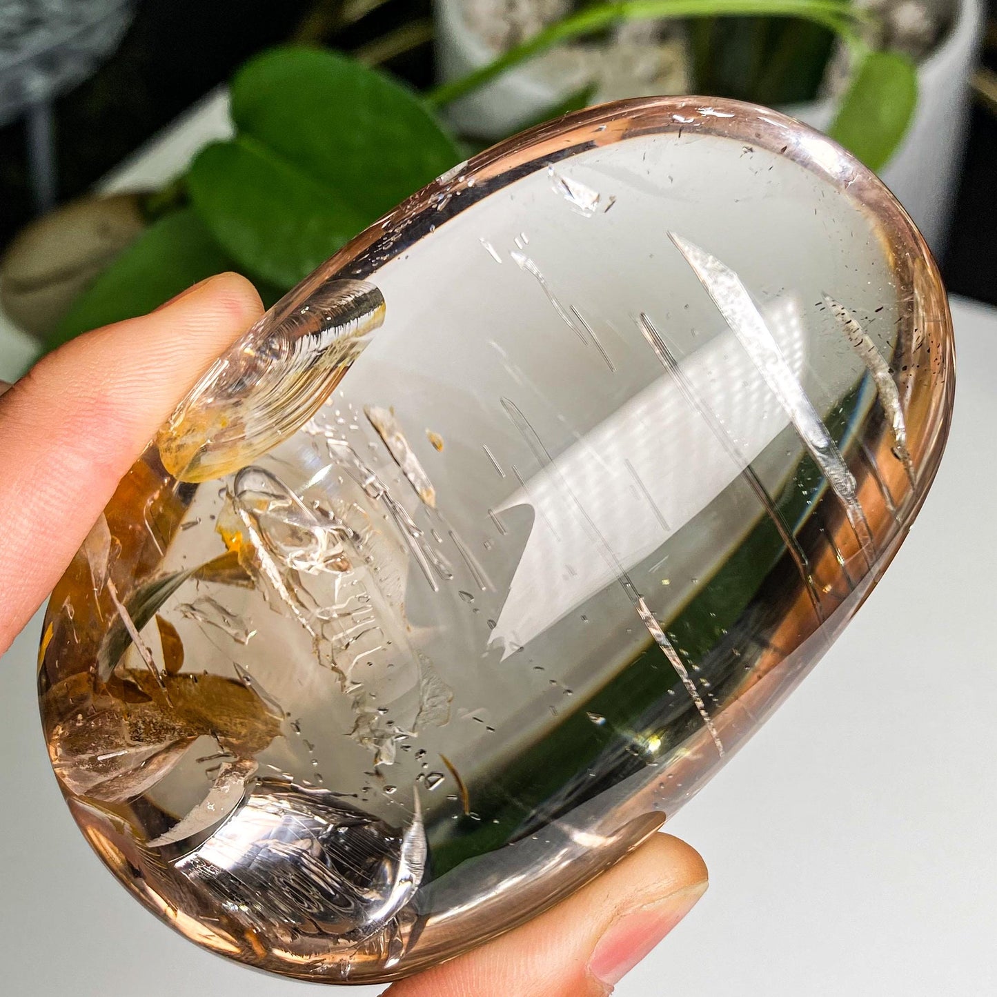 Natrual Champagne Smoky Big Bubbles in Enhydro Quartz, Parallel Grown Negative Crystals In Quartz Palm, Crystal Cabochon, Reiki Healing