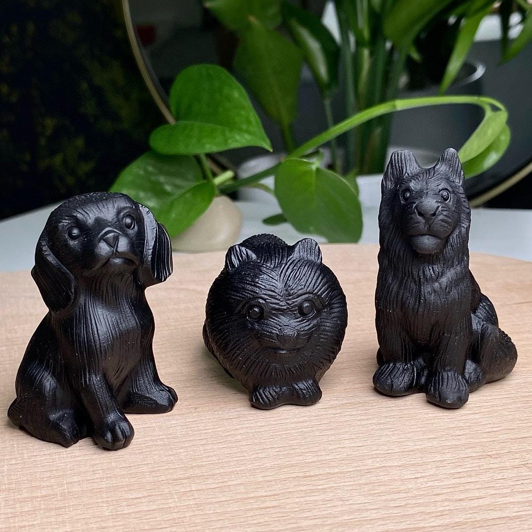 Natural Black Obsidian Dog Carving, Crystal Labrador, Crystal Pomeranian, Crystal Wolfdog, Crystal Yuanbao Dog,  Christmas Home Decor