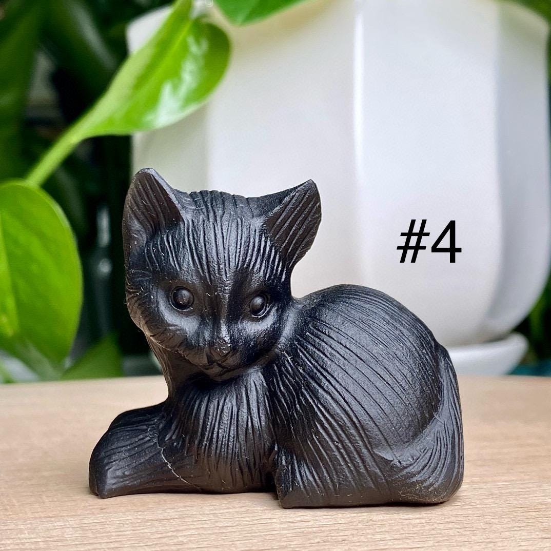 Natural Black Obsidian Cat Carving, Crystal Squinting Cute Cat, Crystal Lucky Cat, Animal Sculpture, Birthday Gift, Christmas Home Decor