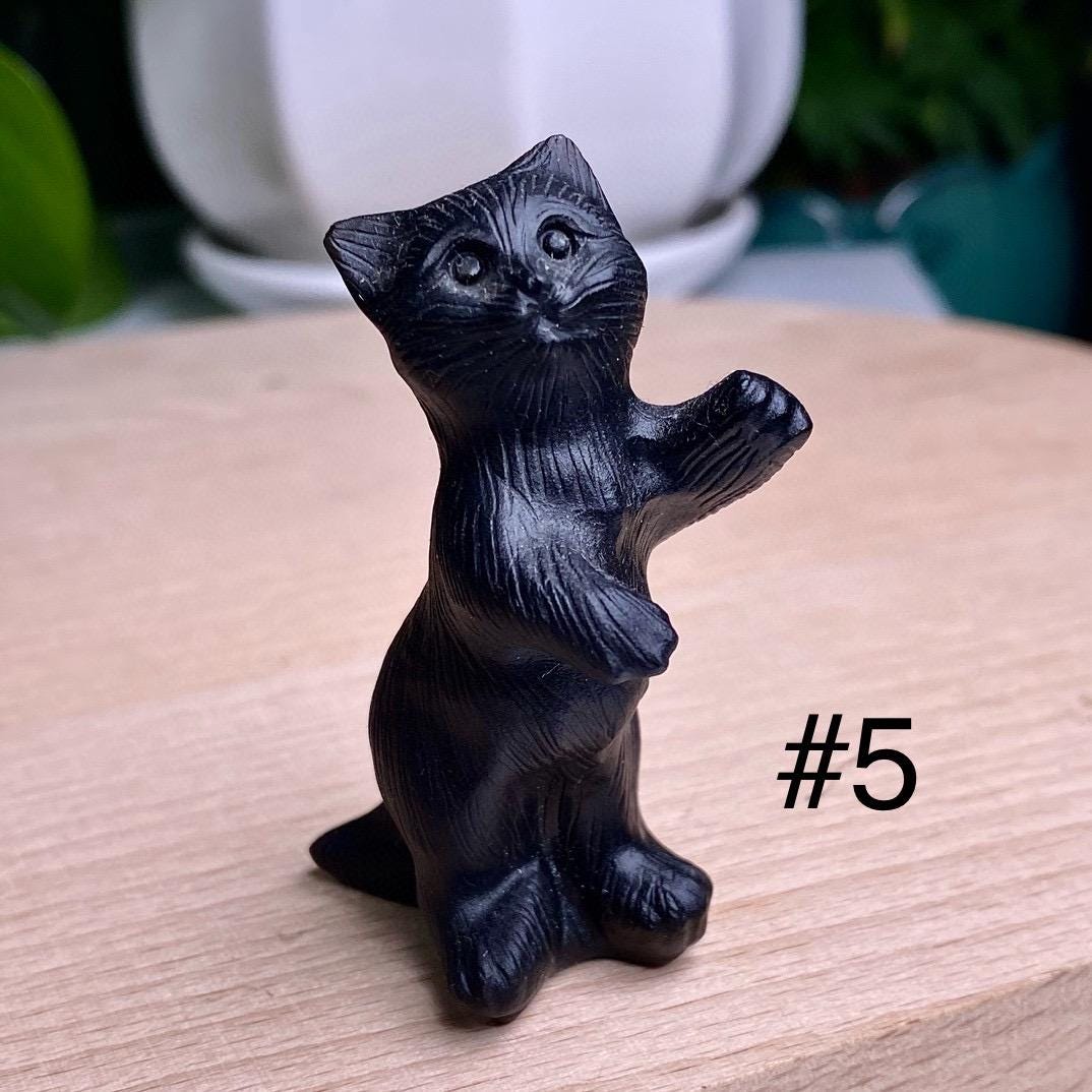 Natural Black Obsidian Cat Carving, Crystal Squinting Cute Cat, Crystal Lucky Cat, Animal Sculpture, Birthday Gift, Christmas Home Decor