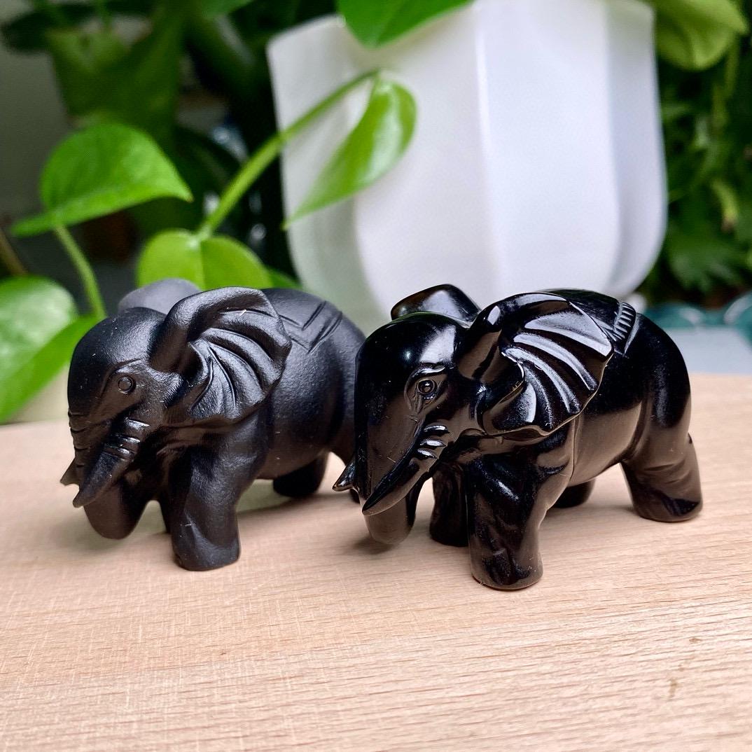 Natural Black Obsidian Elephant Carving, Crystal Frosted Elephant Obsidian Ornament, Elephant Sculpture, Birthday Gift, Christmas Home Decor