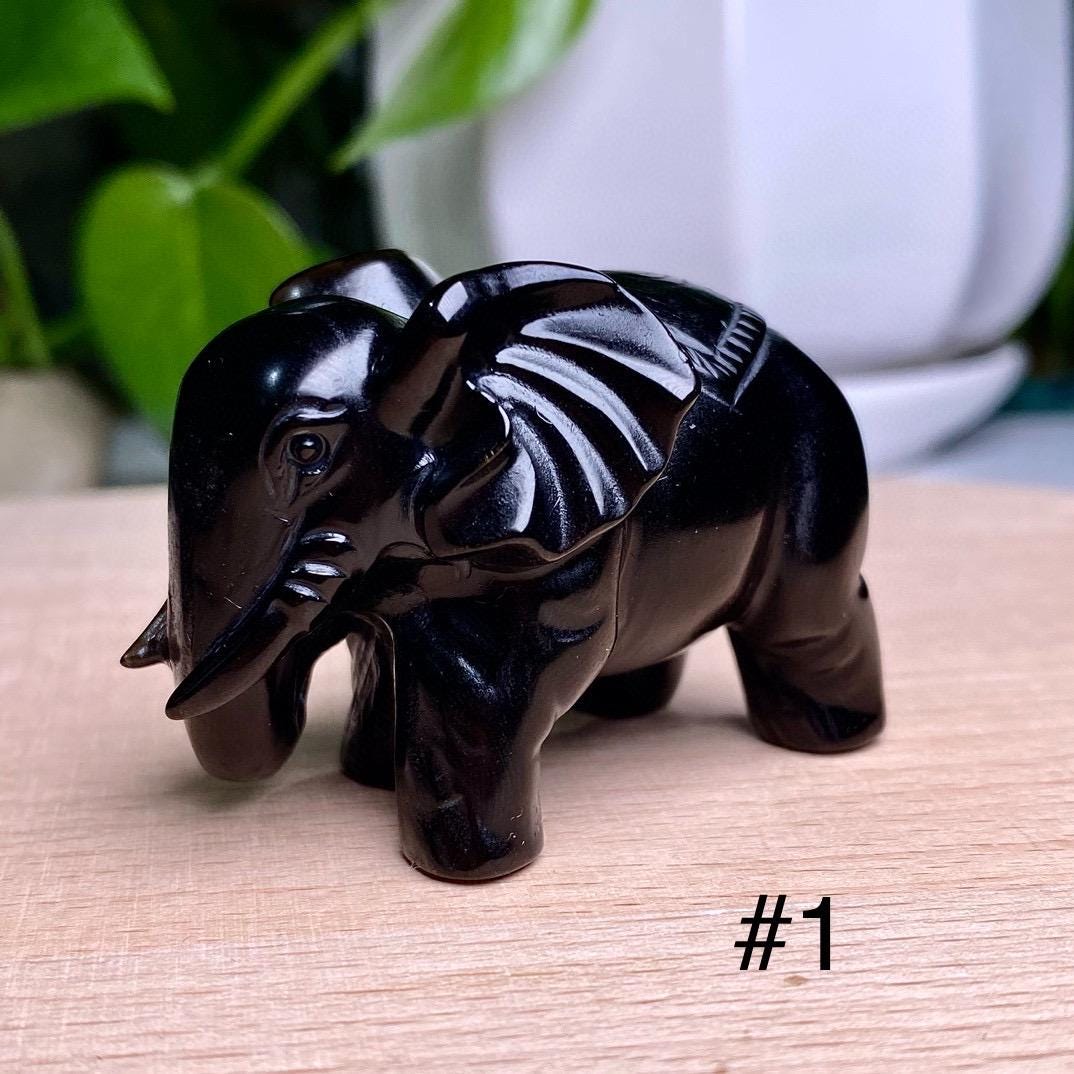 Natural Black Obsidian Elephant Carving, Crystal Frosted Elephant Obsidian Ornament, Elephant Sculpture, Birthday Gift, Christmas Home Decor
