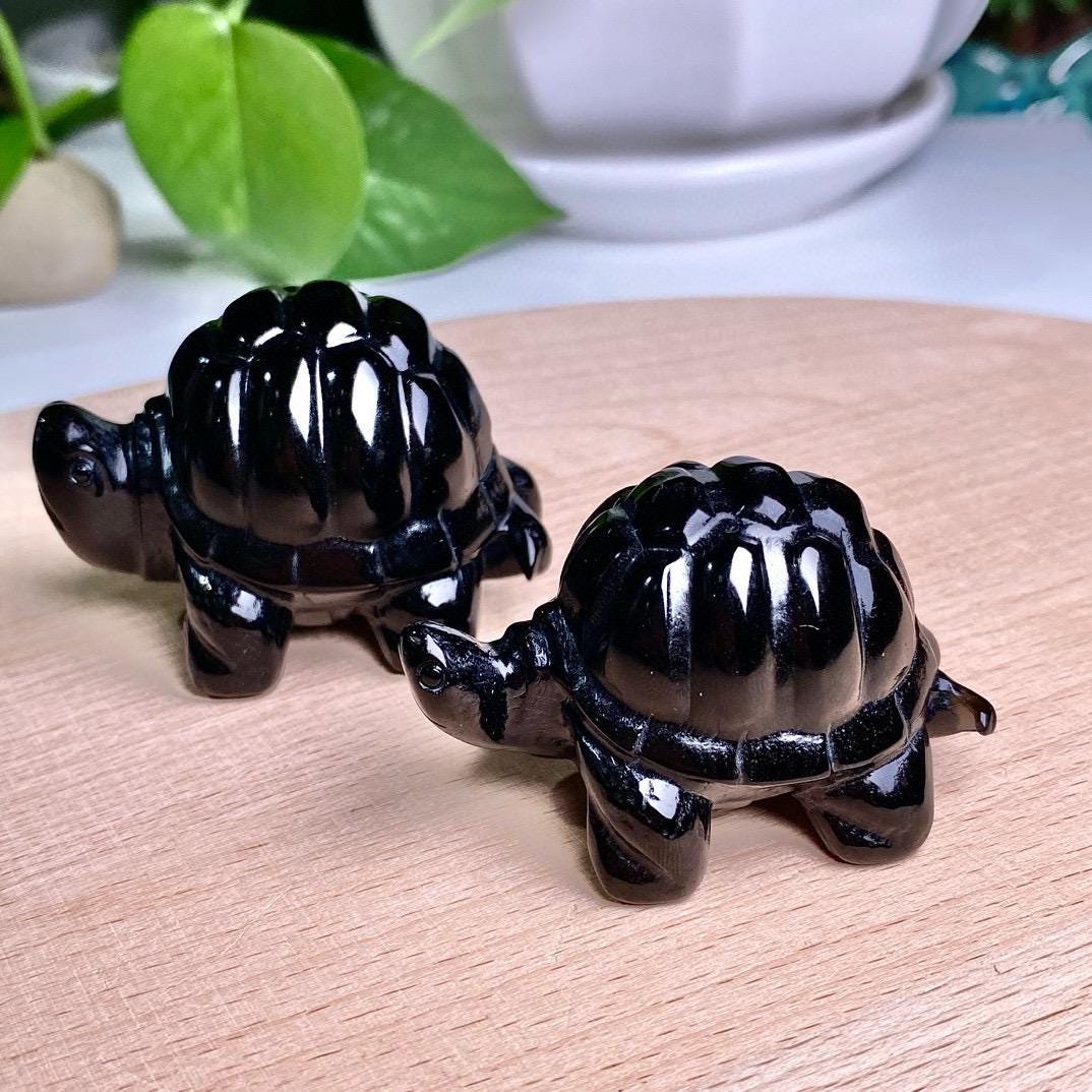 Black Obsidian Turtle Statue: Hand Carved Natural Gemstone Tortoise Figurine - Mystical Protection Stone Animal Home Decor