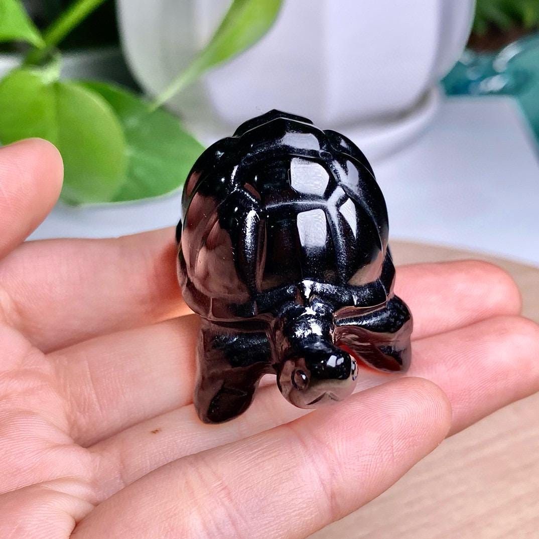 Black Obsidian Turtle Statue: Hand Carved Natural Gemstone Tortoise Figurine - Mystical Protection Stone Animal Home Decor