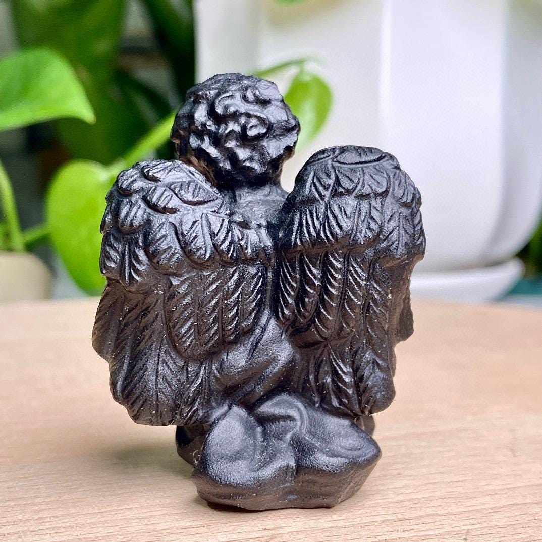 Natural Black Obsidian Angle Carving, Crystal Cherub, Crystal Angel, Angel Sculpture, Birthday Gift, Christmas Home Decor