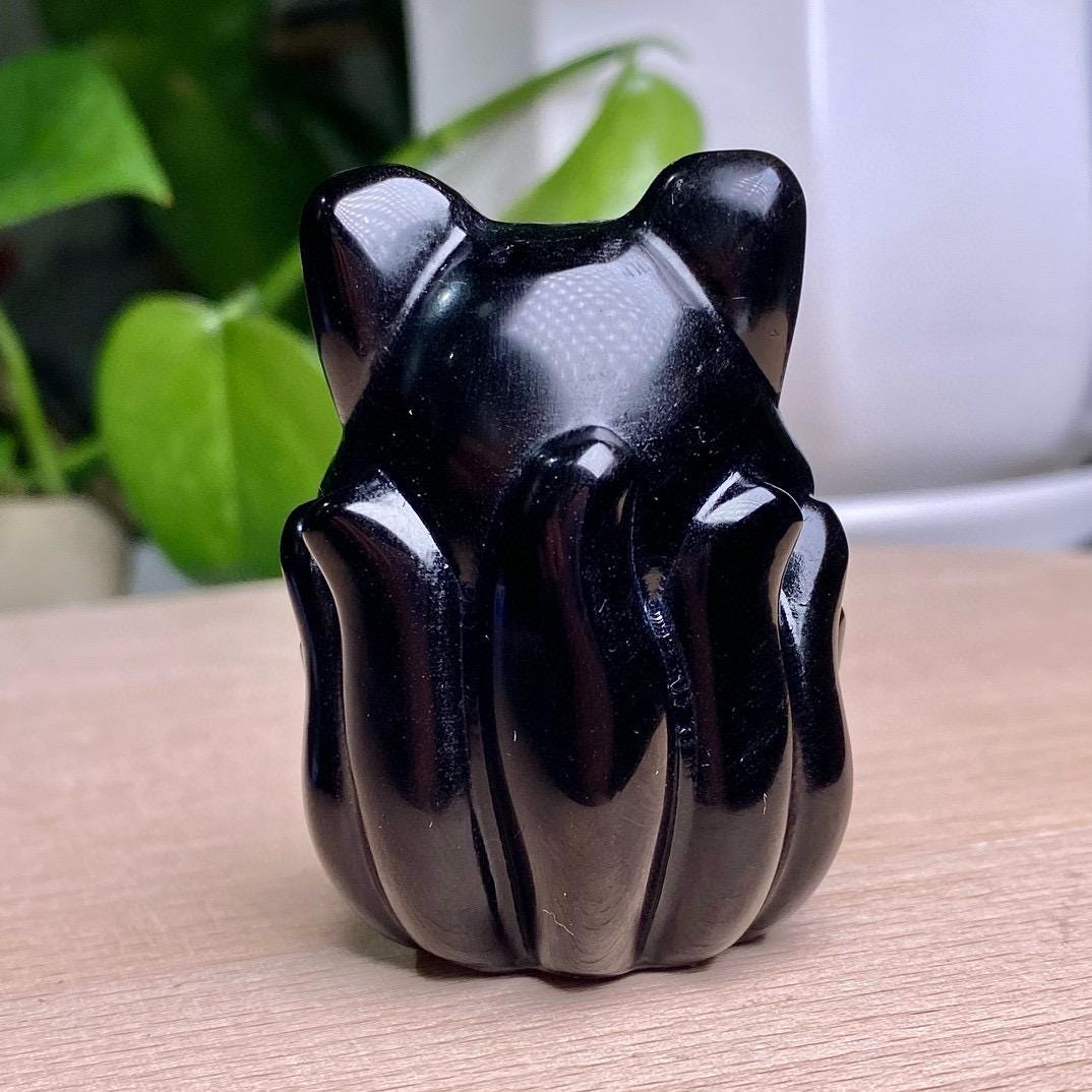 Natural Black Obsidian Fox Lady Carving, Crystal Cute Fox Skull, Crystal Fox, Crystal Nine-Tailed Fox, Birthday Gift, Fengshui Home Decor