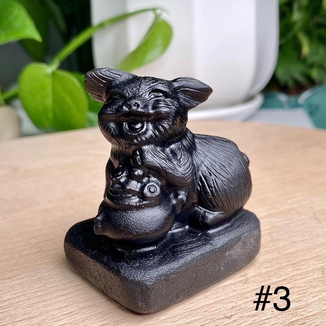 Natural Black Obsidian Pig Carving, Crystal Smile Pig, Crystal Fortune Pig, Animal Sculpture, Birthday Gift, Fengshui Home Decor