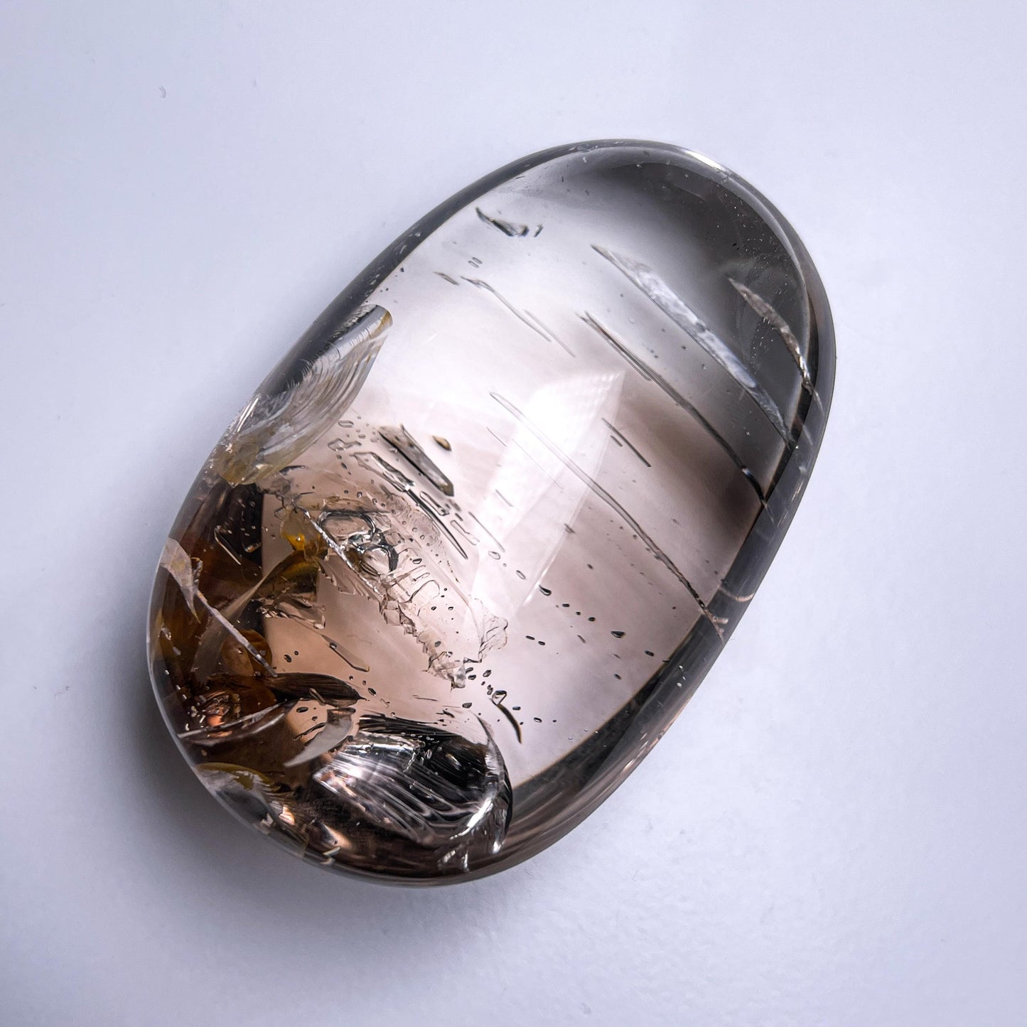 Natrual Champagne Smoky Big Bubbles in Enhydro Quartz, Parallel Grown Negative Crystals In Quartz Palm, Crystal Cabochon, Reiki Healing