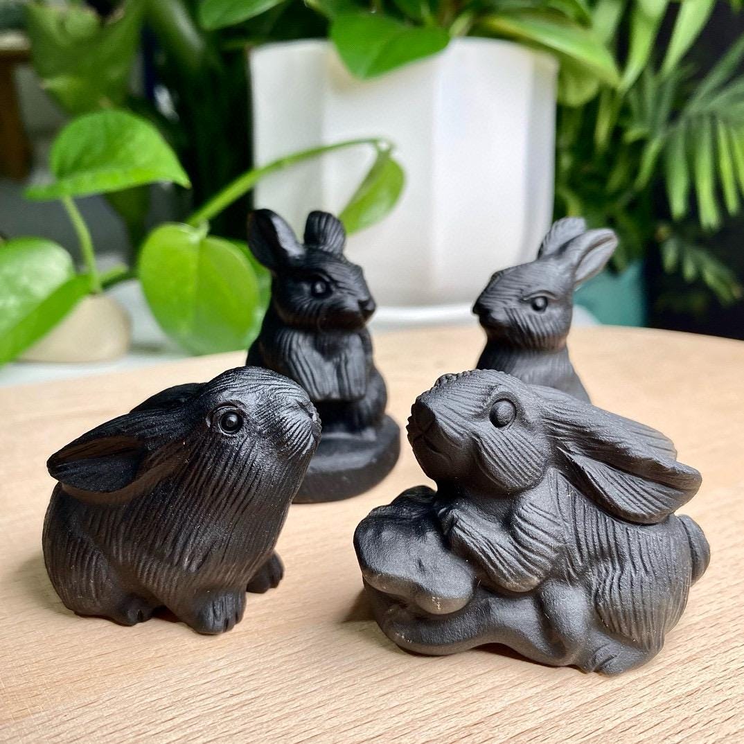 Black Obsidian Rabbit Carving, Crystal Animal Sculpture,Gift for Mom