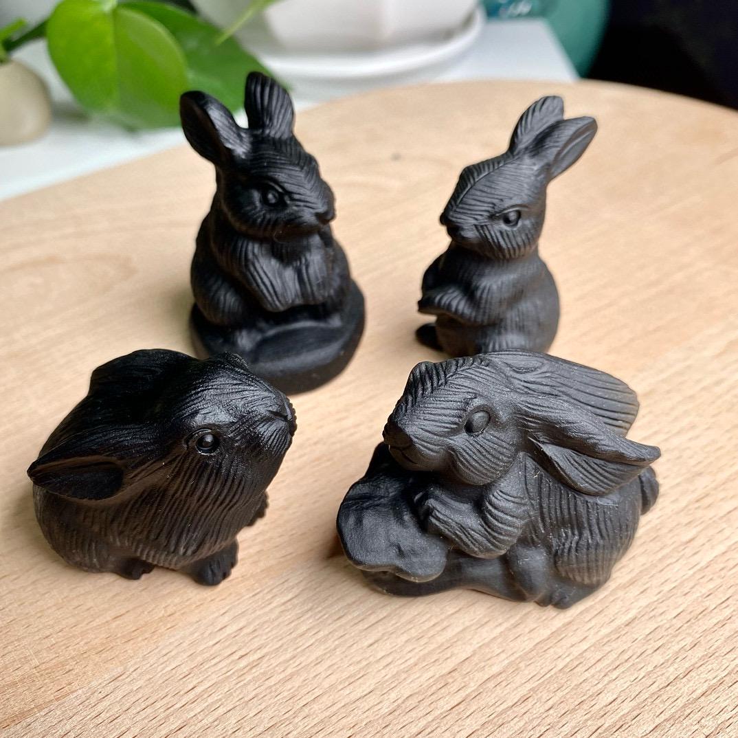 Black Obsidian Rabbit Carving, Crystal Animal Sculpture,Gift for Mom