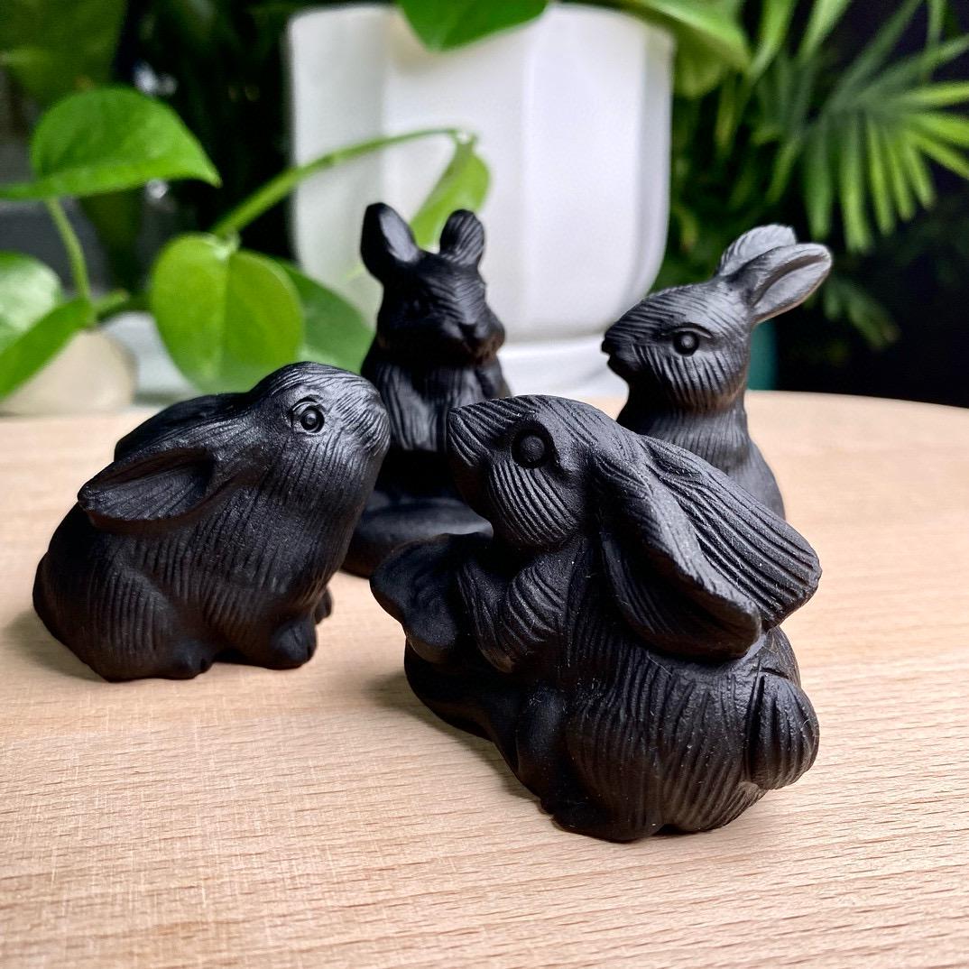 Black Obsidian Rabbit Carving, Crystal Animal Sculpture,Gift for Mom