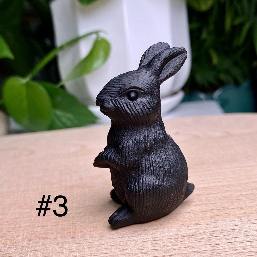 Black Obsidian Rabbit Carving, Crystal Animal Sculpture,Gift for Mom