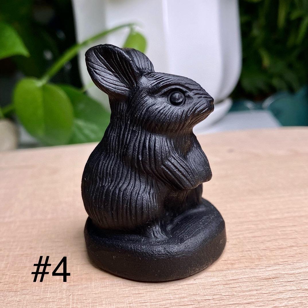 Black Obsidian Rabbit Carving, Crystal Animal Sculpture,Gift for Mom