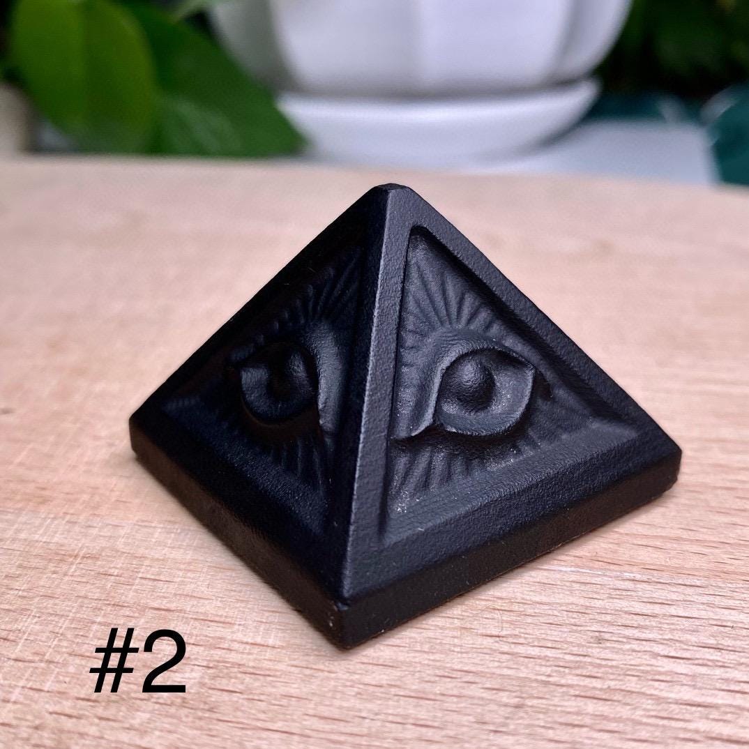 Black Obsidian Pyramid with Eye of Horus & Raven, Hand Carved Gothic Altar Decor, Spiritual Protection Stone, Ancient Egyptian Style Gift