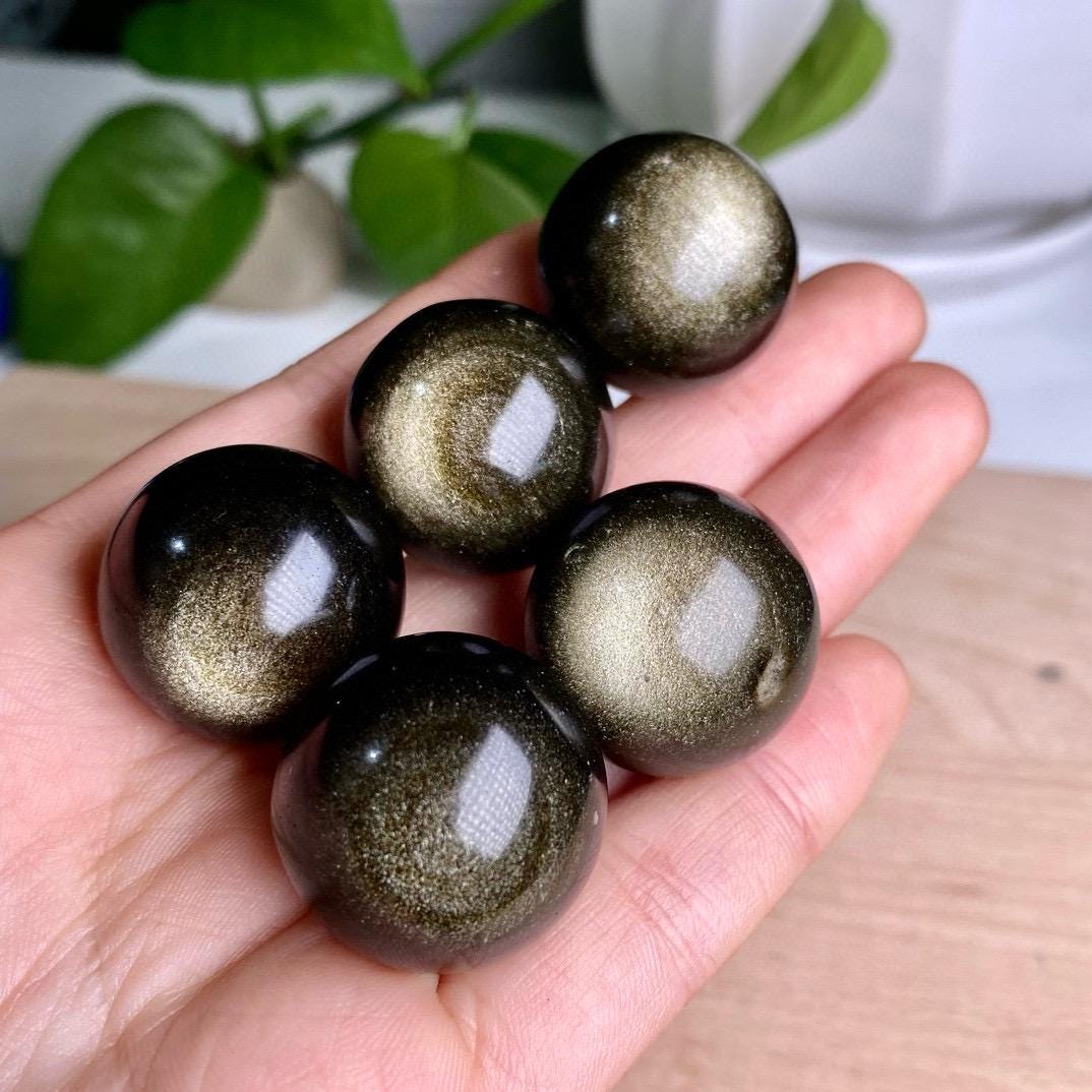 Natural Golden Sheen Obsidian Sphere, Crystal Ball for Home Decor, Polished Gold Obsidian Stone, Meditation Gift