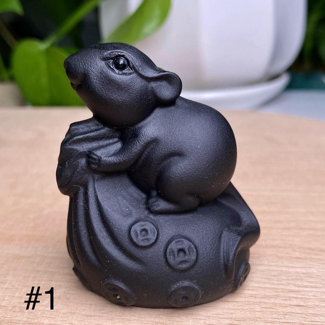 Natural Black Obsidian Animal Carving, Lucky Rat, Little Money Mouse Ornaments, Animal Sculpture, Birthday Gift, Fengshui Home Decor