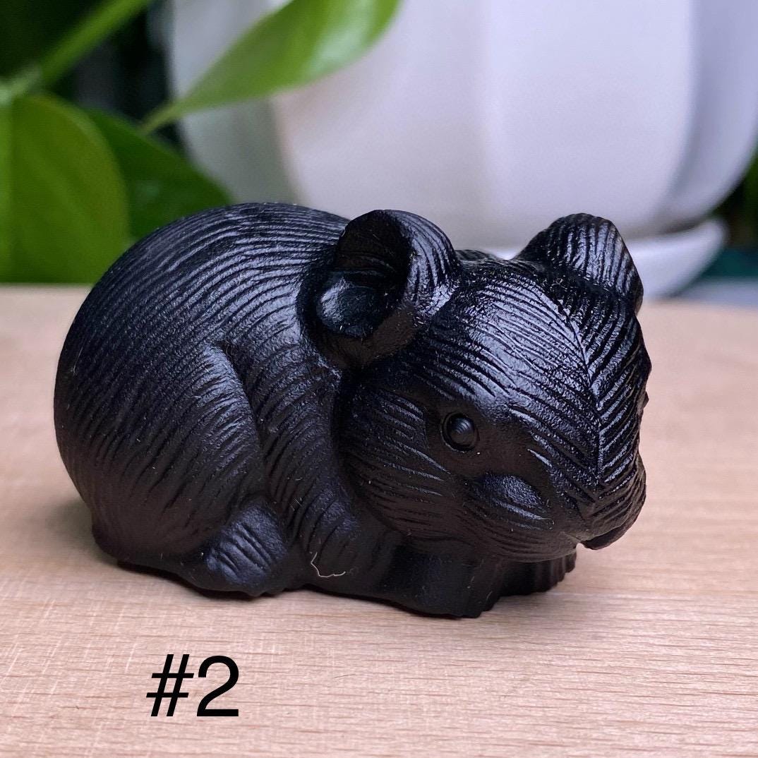 Natural Black Obsidian Animal Carving, Lucky Rat, Little Money Mouse Ornaments, Animal Sculpture, Birthday Gift, Fengshui Home Decor