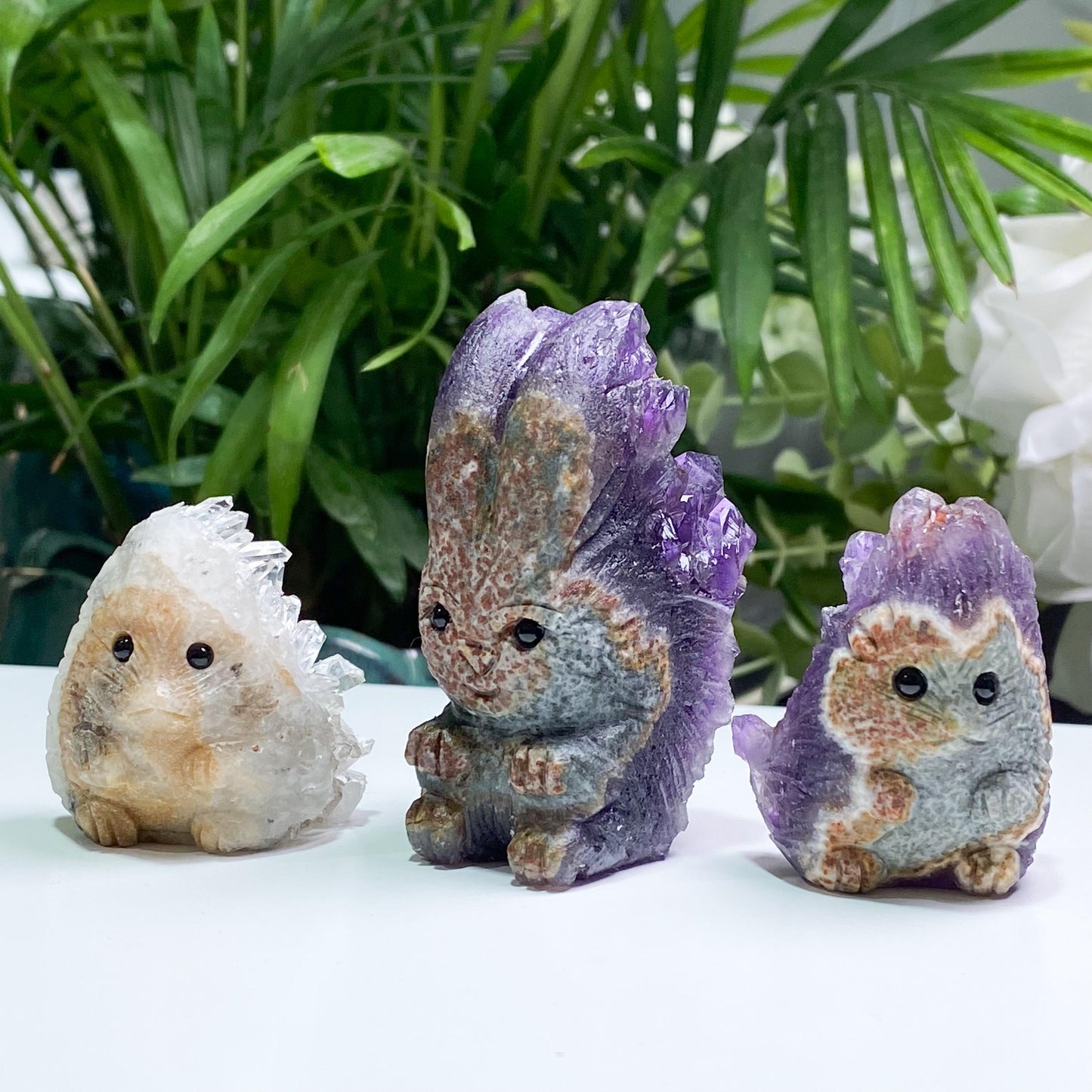 Raw Amethyst Hedgehog Carving, Amethyst Rabbit Statue, Hand Carved Crystal Animal Figurine, Druzy Quartz Pet, Unique Desk Decor Gift