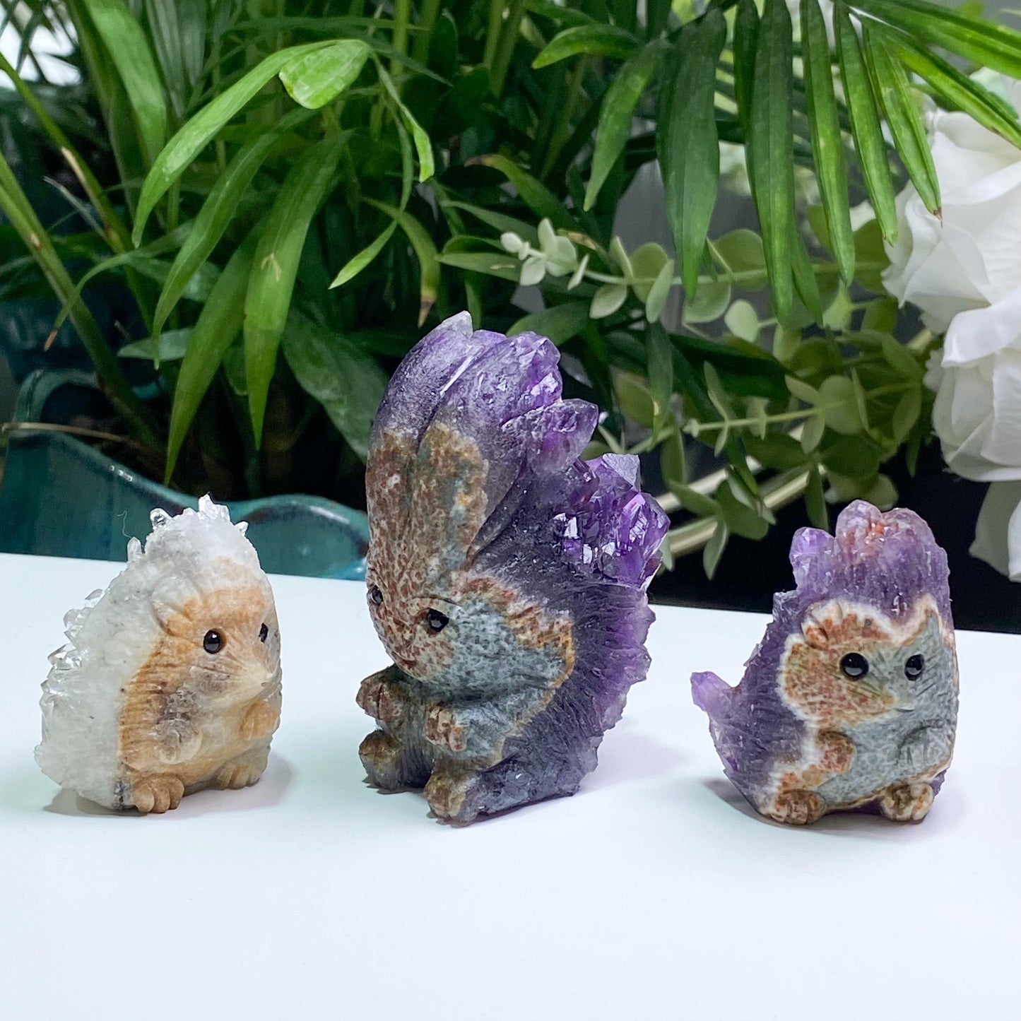 Raw Amethyst Hedgehog Carving, Amethyst Rabbit Statue, Hand Carved Crystal Animal Figurine, Druzy Quartz Pet, Unique Desk Decor Gift