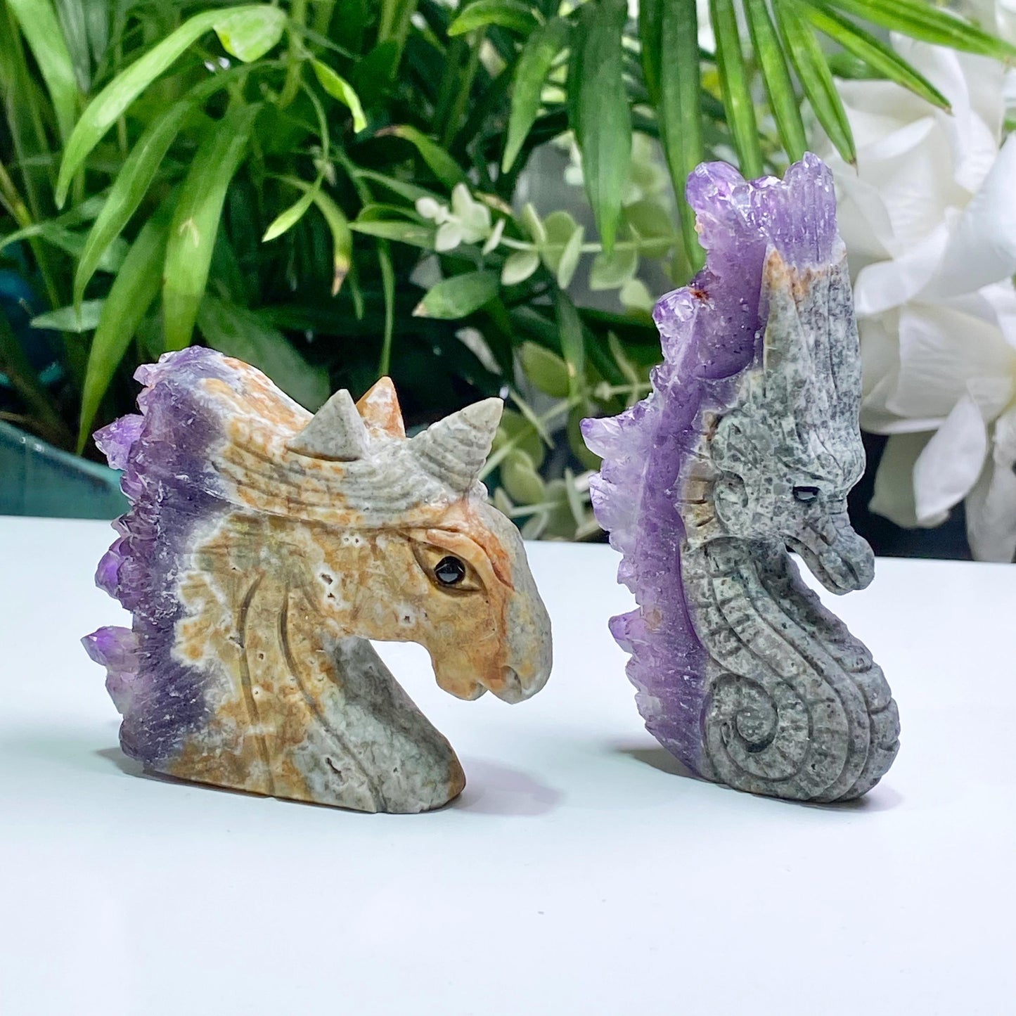 Natural Amethyst Cluster Unicorn Dragon Carving, Hand Carved Cute Dragon, Crystal Unicorn Ornaments, Animal Sculpture, Home Decor