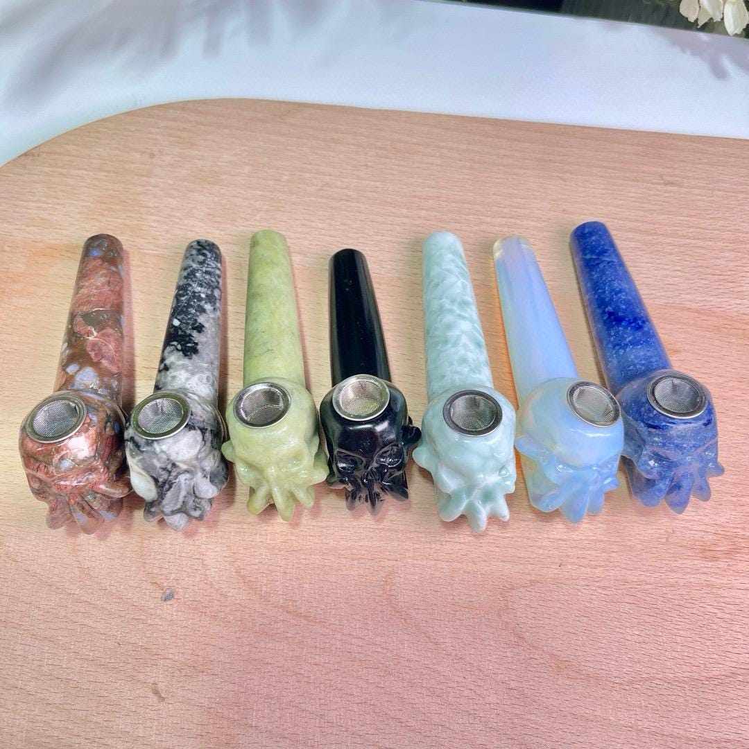 Natural Crystal Smoking Pipe, Hand Carved Skull Crystal Pipe, Stone Tobacco Pipe, Gothic Healing Decor, Unique Birthday Gift